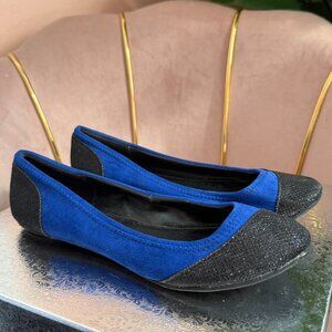 Pre-Loved: Qupid Royal Blue & Sparkly Black Suede Flats [Size 6]